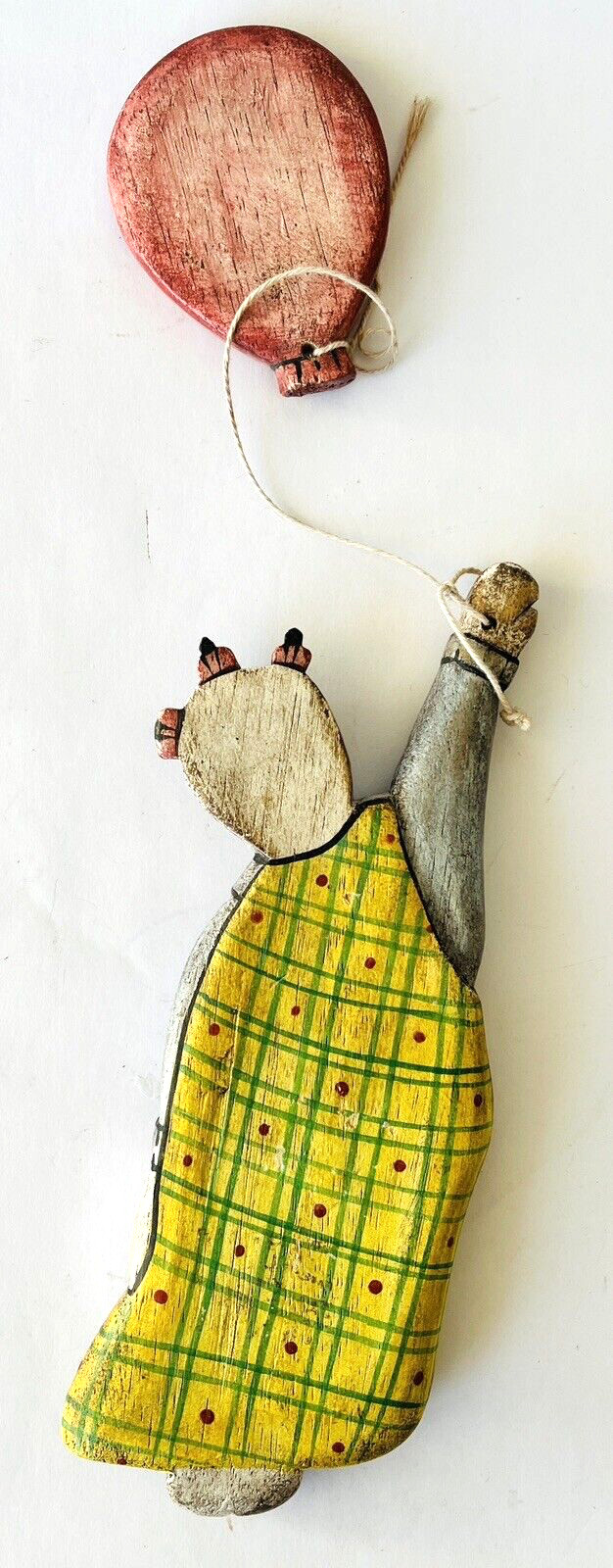 Primitive-Style Folk Art Girl Flying Holding Balloon Up Up & Away Carved Wood