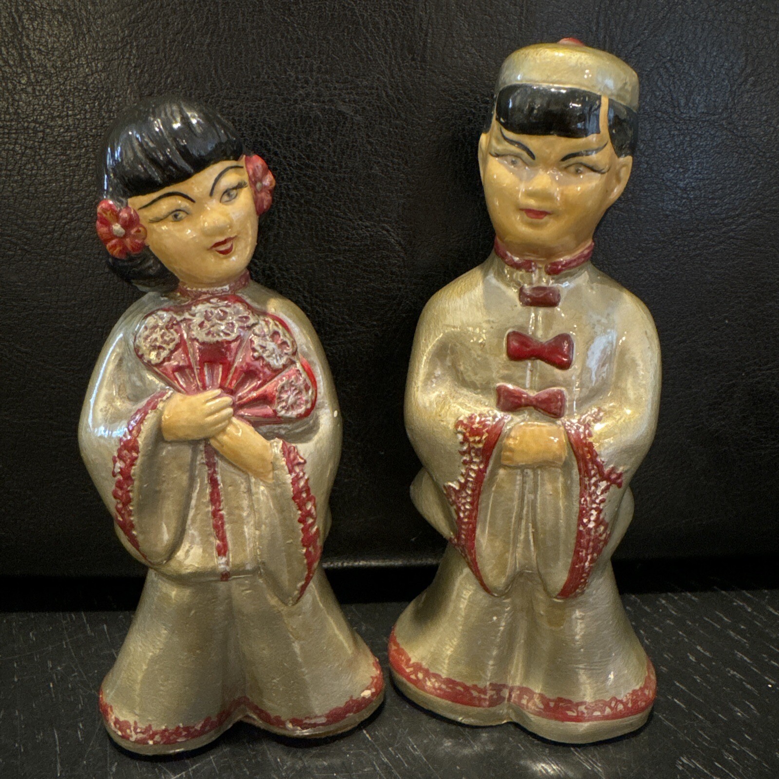 Porcelain Asian Couple Figures Ceremonial Garb Gold Red 5” VTG
