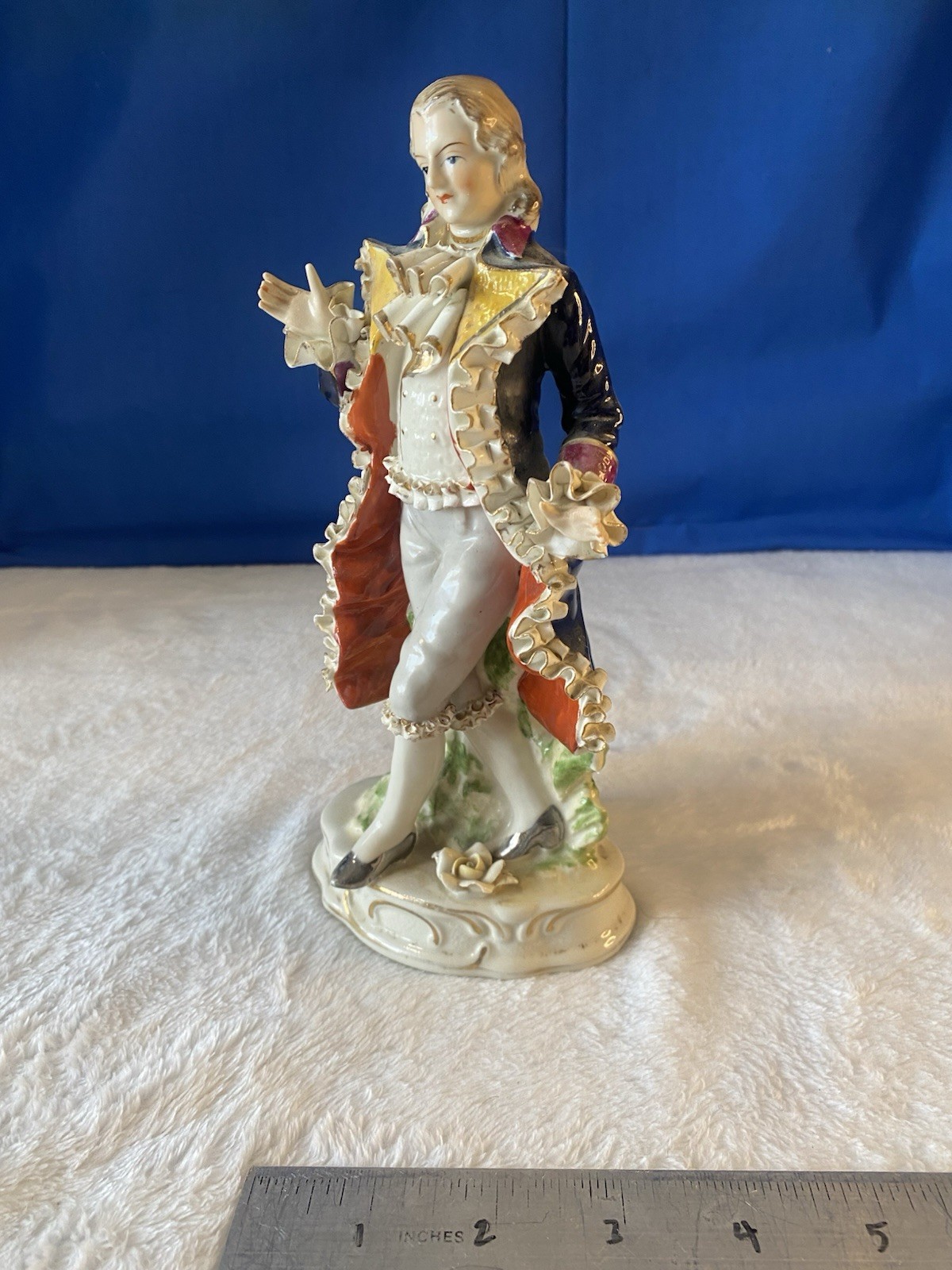Genuine Dresden Figurine Dandy Gentleman Hand Painted Bisque Statue Rococo 9″