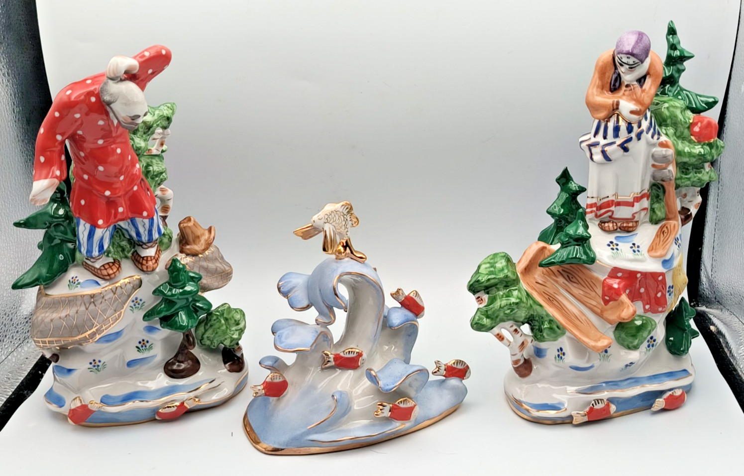 3pc Verbilki Russian Porcelain Figurine Set~Tale of Fisherman & Fish~Dimitrov