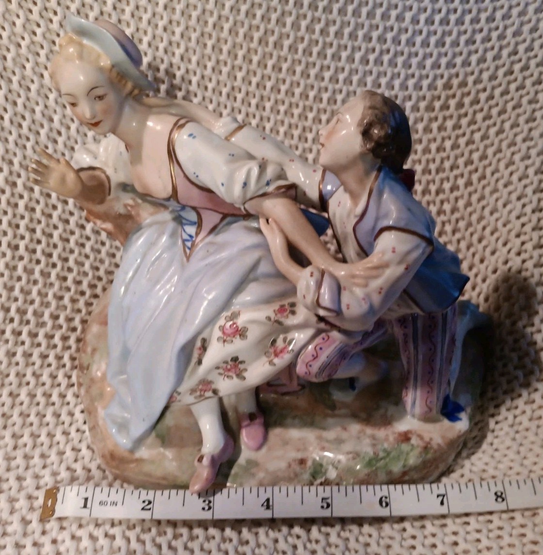 Antique Royal Crown Derby Rococo Scene Man Courting Woman Porcelain Figurine