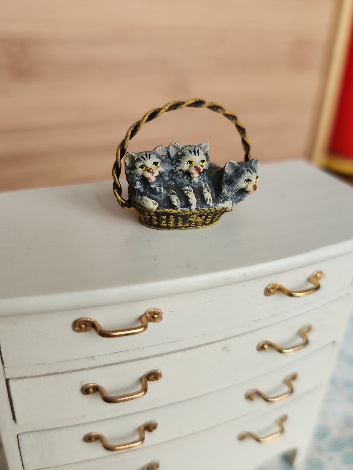 Viennese bronze miniature basket of three kittens Dollhouse Size Artisan