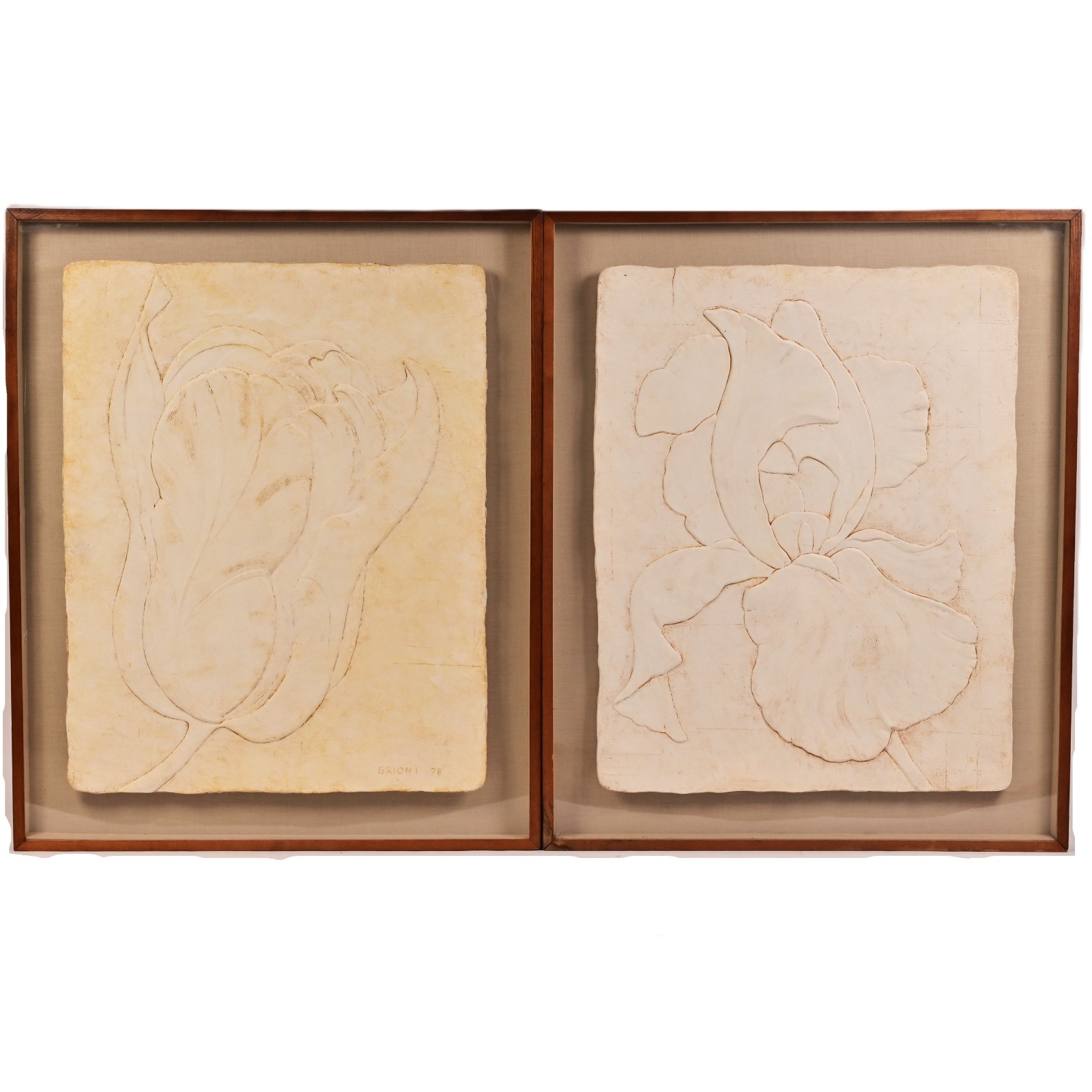 BRIONI Original Vintage Signed Bas Relief Plaster Wall Sculpture Floral Painting