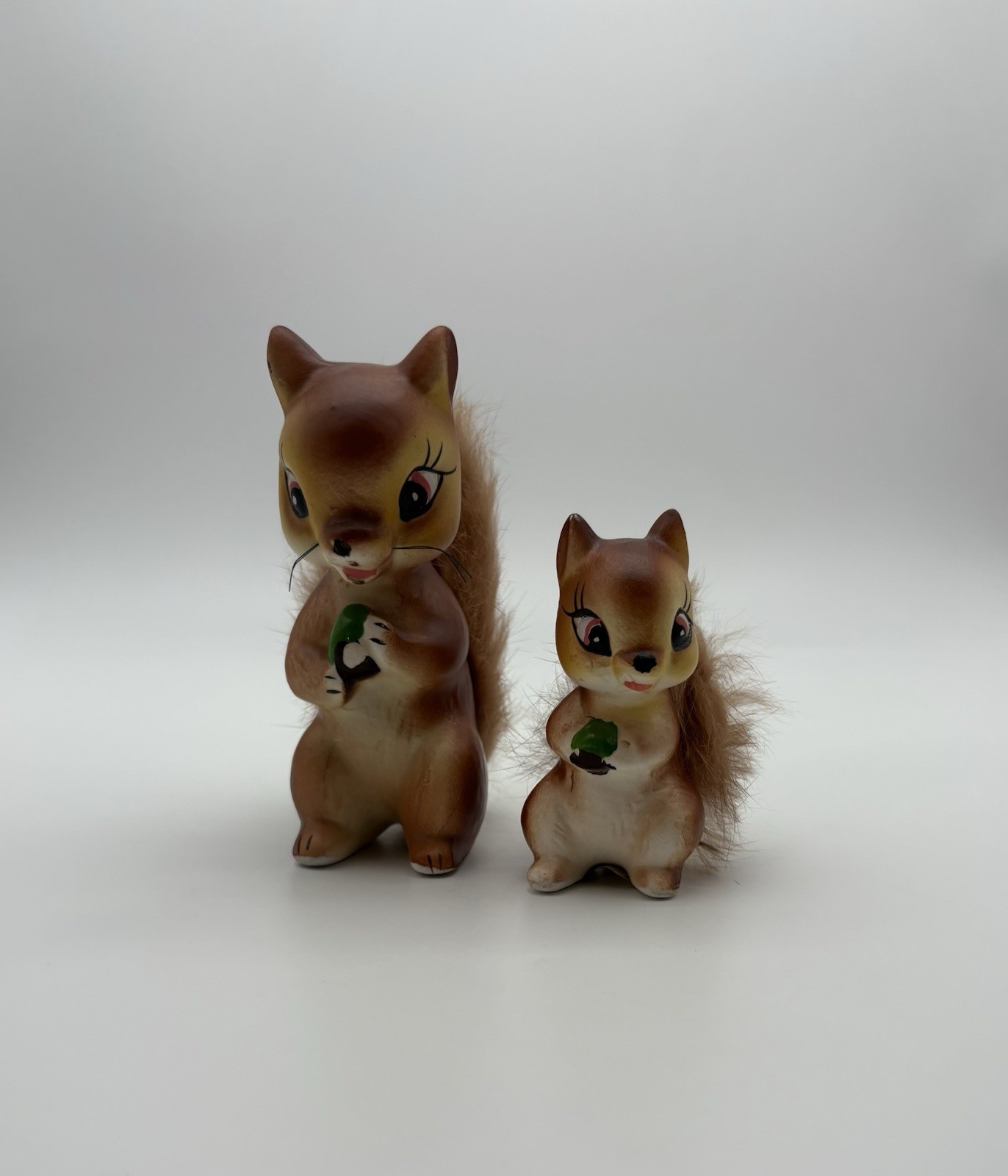 2 Vintage MCM Ceramic Squirrel Chipmunk Figurines Fur Tails 50s Baby Kitschy