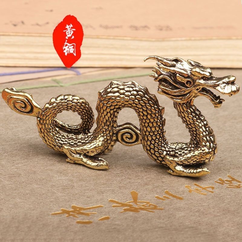 3.7 Solid Brass Vintage China Dragon Auspicious Statue Home Lucky Ornament Gift