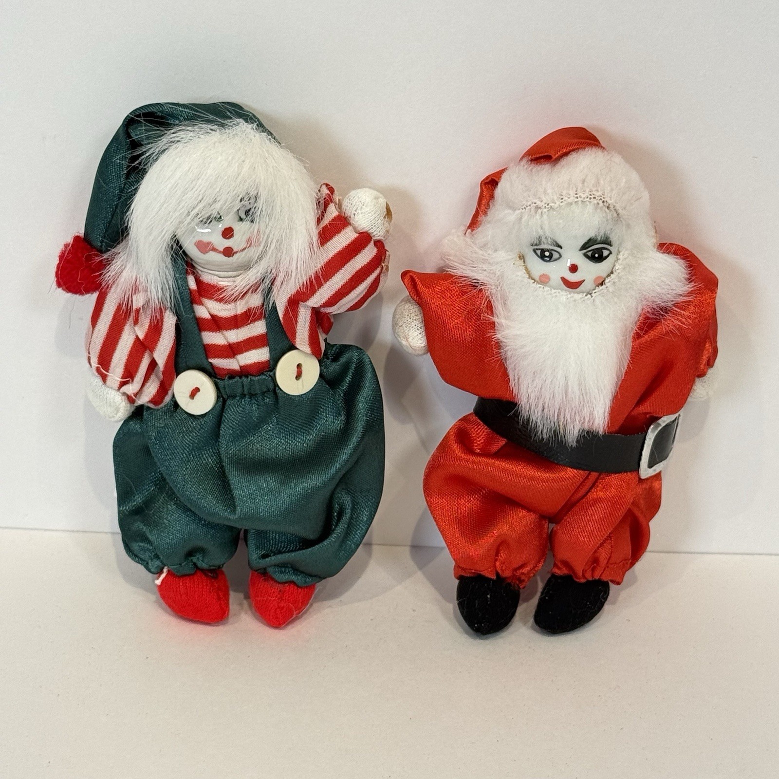 Q-Tee Clown Dolls Santa & Elf 5” Porcelain Hand Painted Face Cloth Body