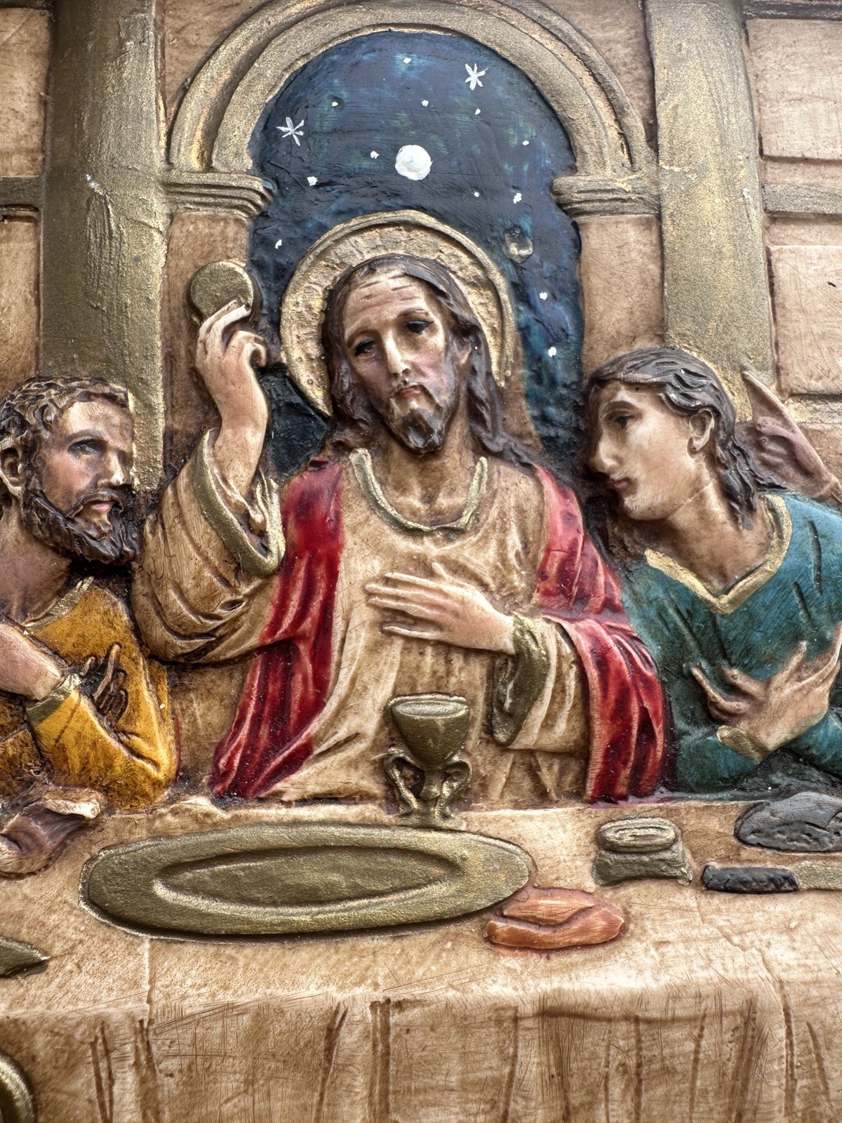 Vtg Hand Painted The Last Supper Wall Plaque Picture Chalk Plaster 13.5” x 8”