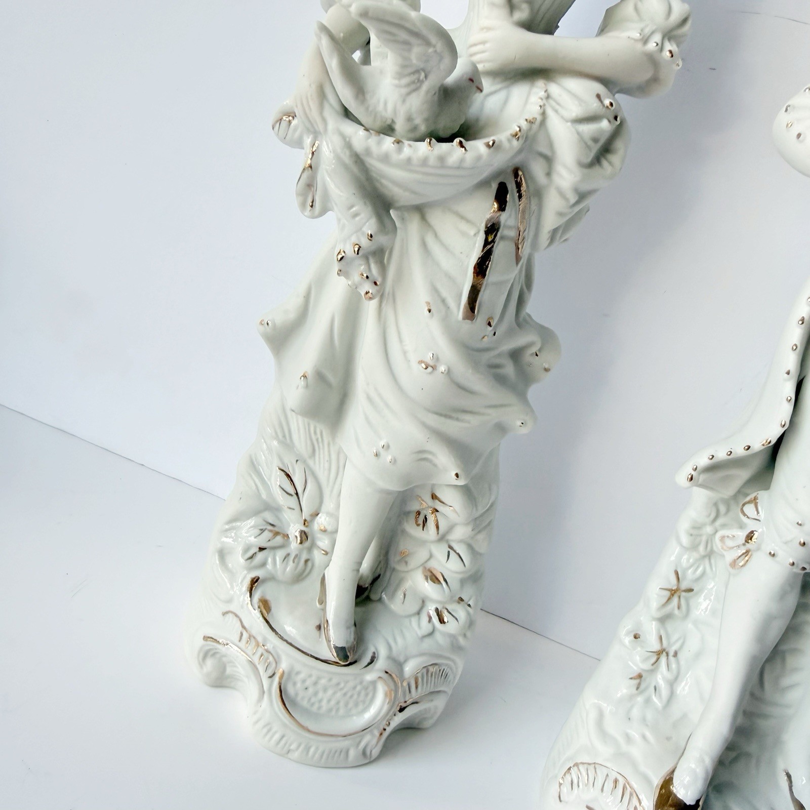 Vintage Pair of Rococo Baroque Couple Figurines Doves White Bisque Porcelain 12”