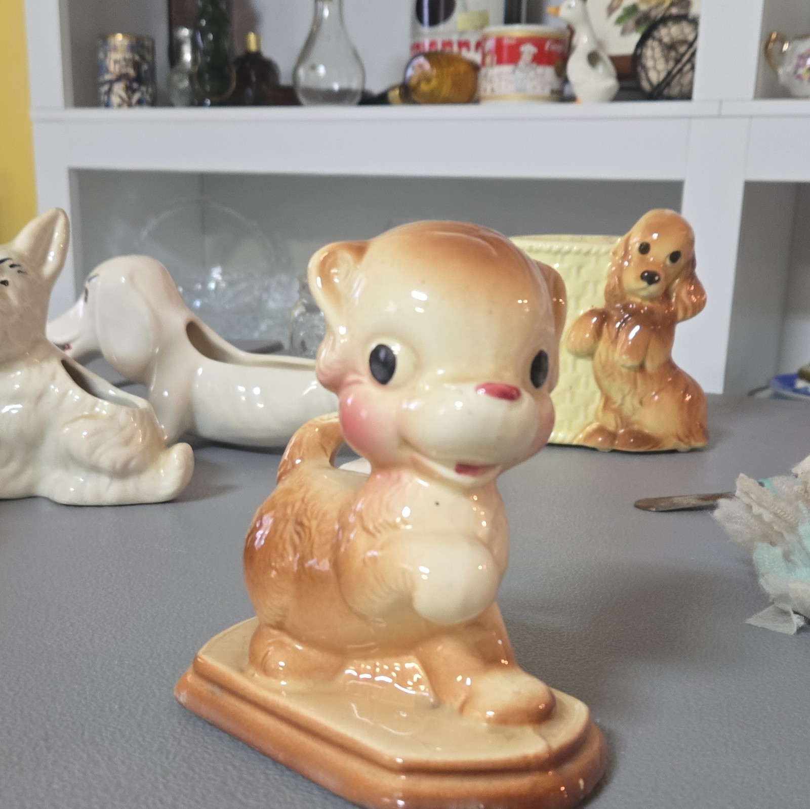 Glossy Glazed Ceramic Dog Figurine, Small Beige Brown Solid, Unboxed