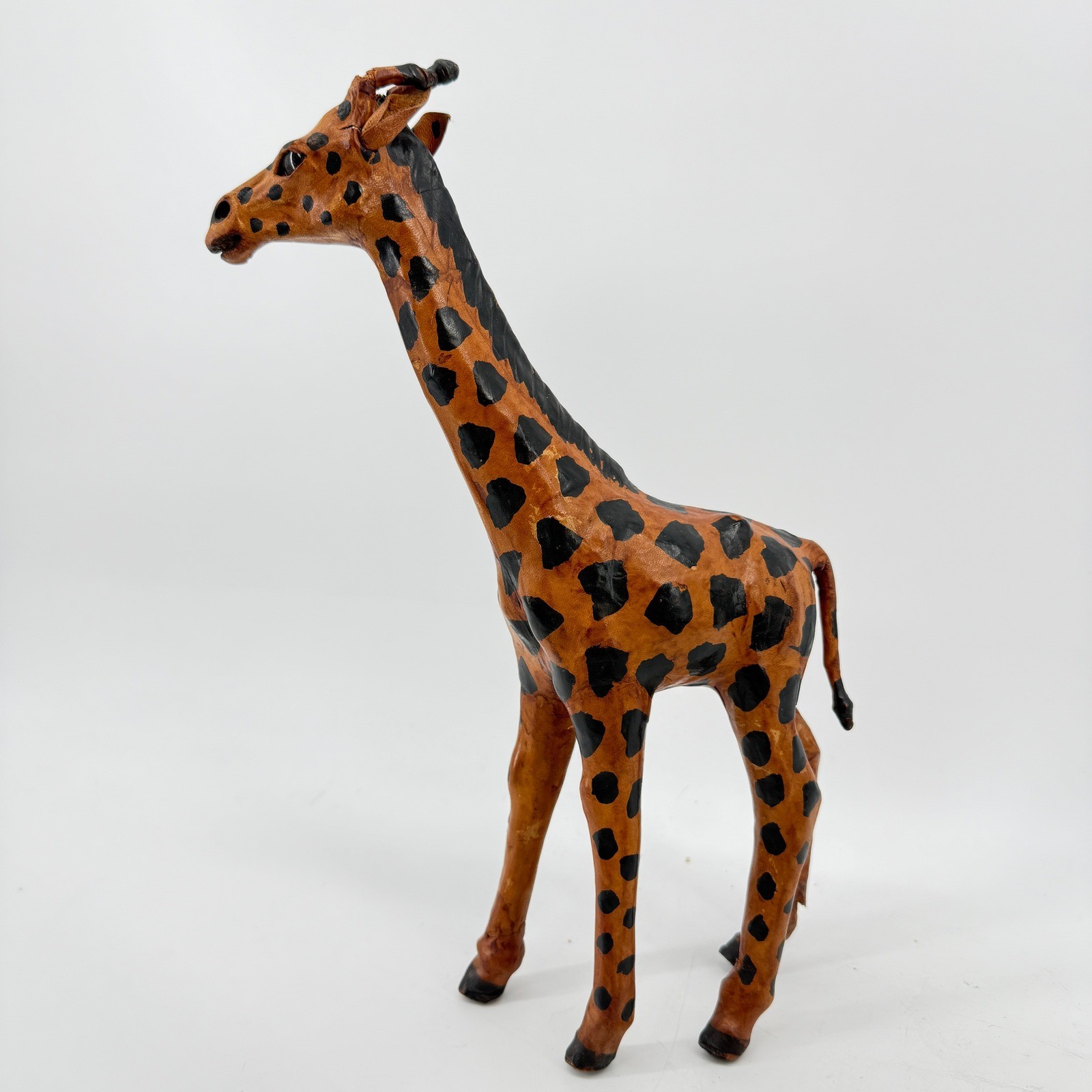 Leather Giraffe Figurine Unisex Medium Tan Black Vintage Safari Decor