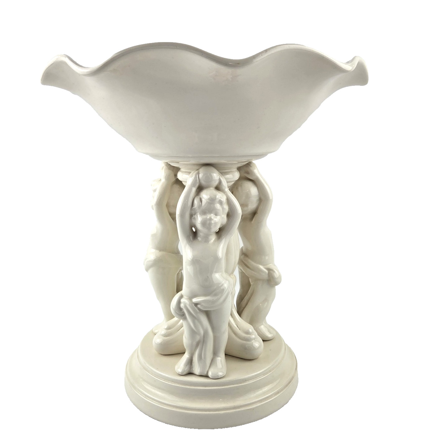 VTG Ceramic Cherub Xlg Bowl Wedding Compote Centerpiece Off White 12.5″ Rococo