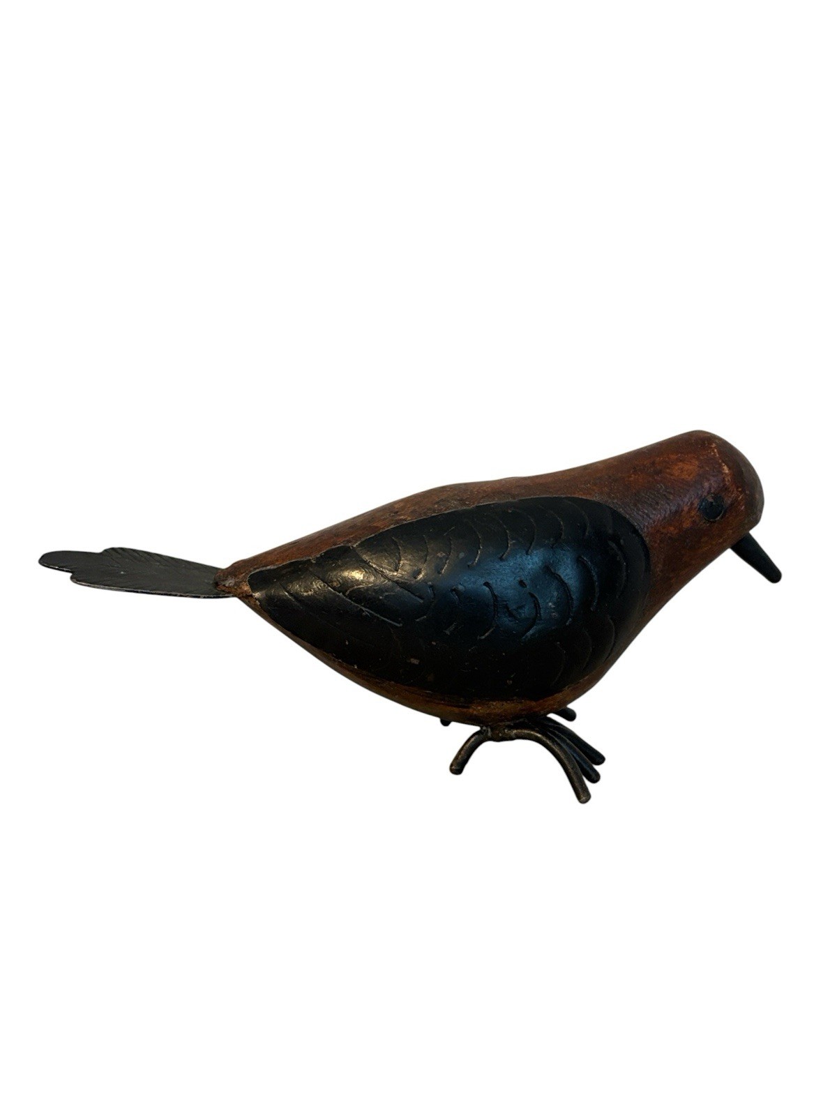 Wooden Folk Art Bird Sculpture Hand Carved Metal Accents Brown and Black