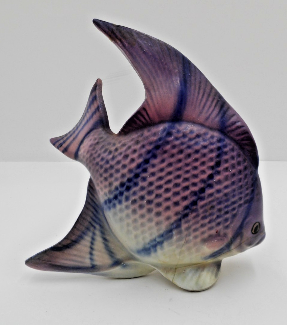 Vintage Porcelain Pastel Angelfish Figurine Statue Purple and Blue DAMAGED