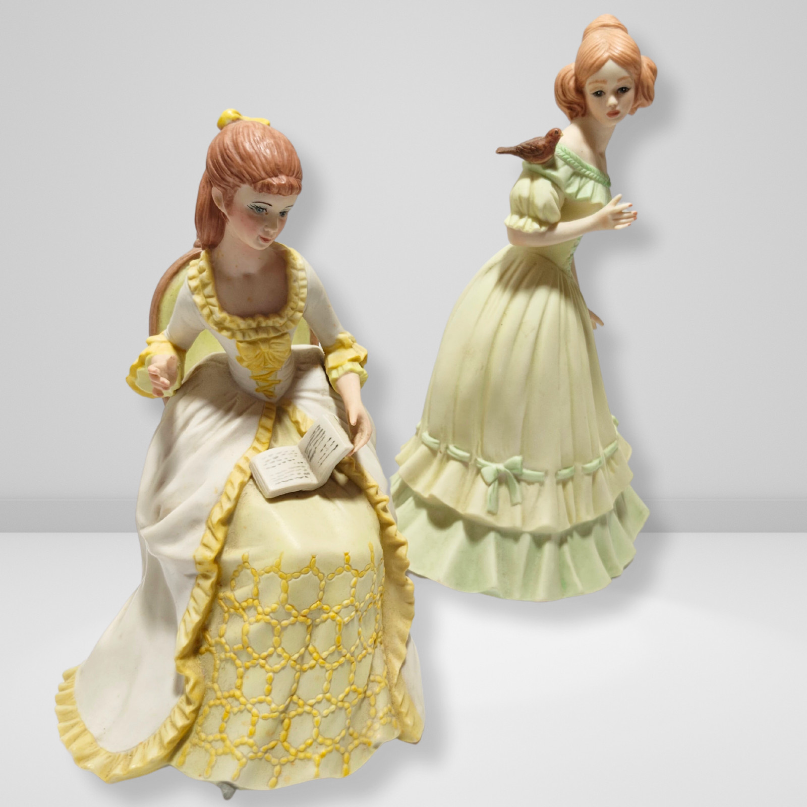 Vintage Victorian Lady Figurine Set – Elegant Lady Reading & Girl w/ Bird Statue