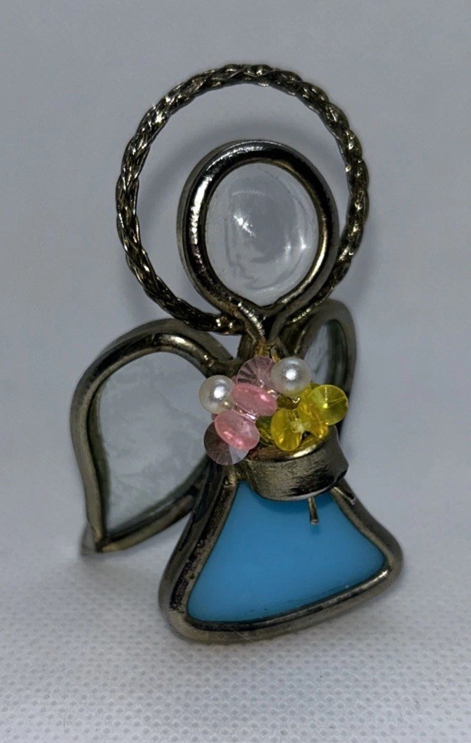 Handmade Stained Glass Angel with Bead Bouquet Blue Body 2.5” Tall Sweet Figure