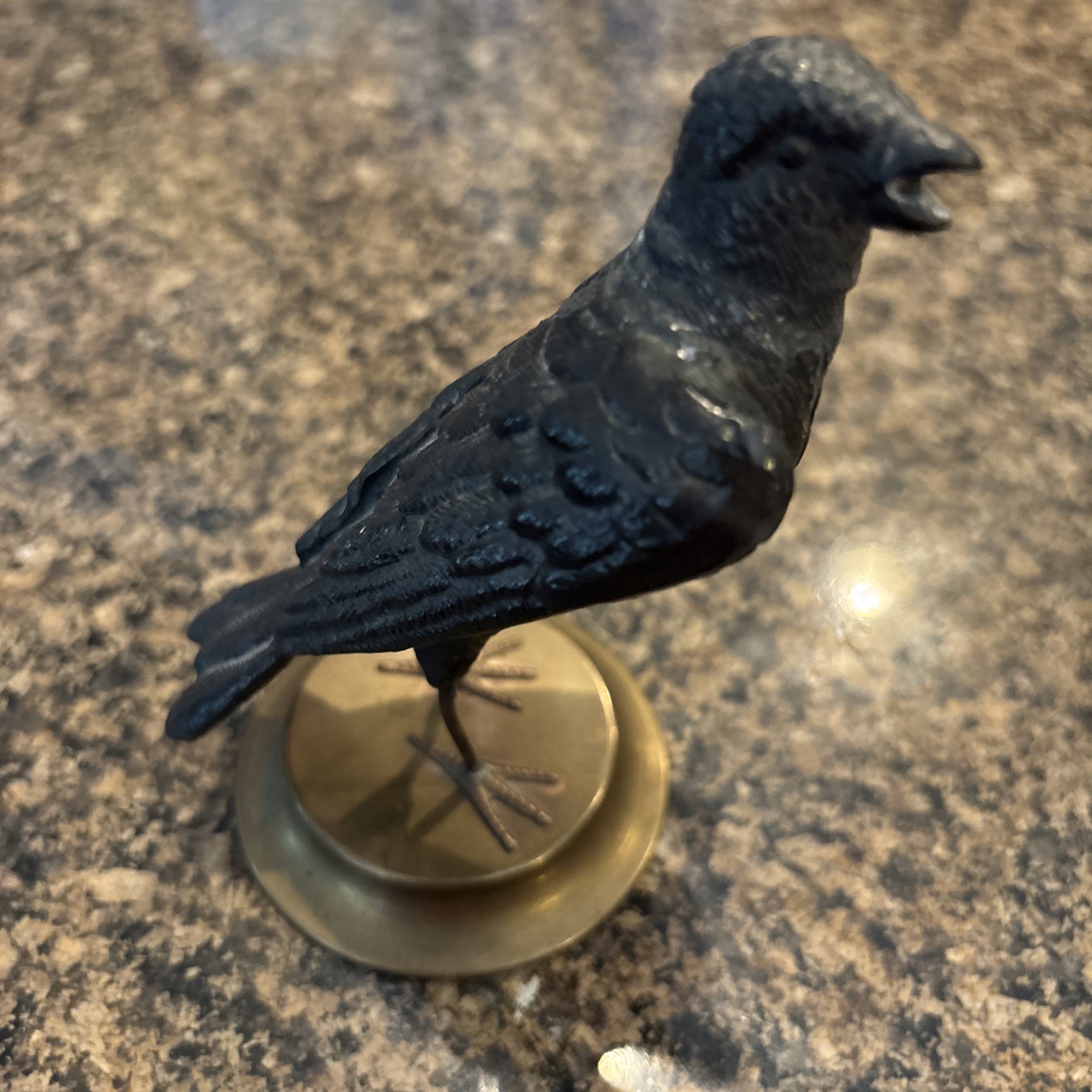 VTG Petites Choses Singing Bird Sculpture Cast Metal Raven on Brass Base