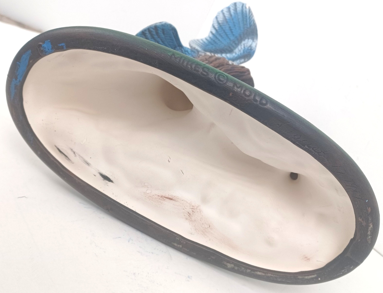 Vtg 1987 Handmade Mikes Mold Ceramic Blue Jays on Log Figurine Matte Glaze 10″