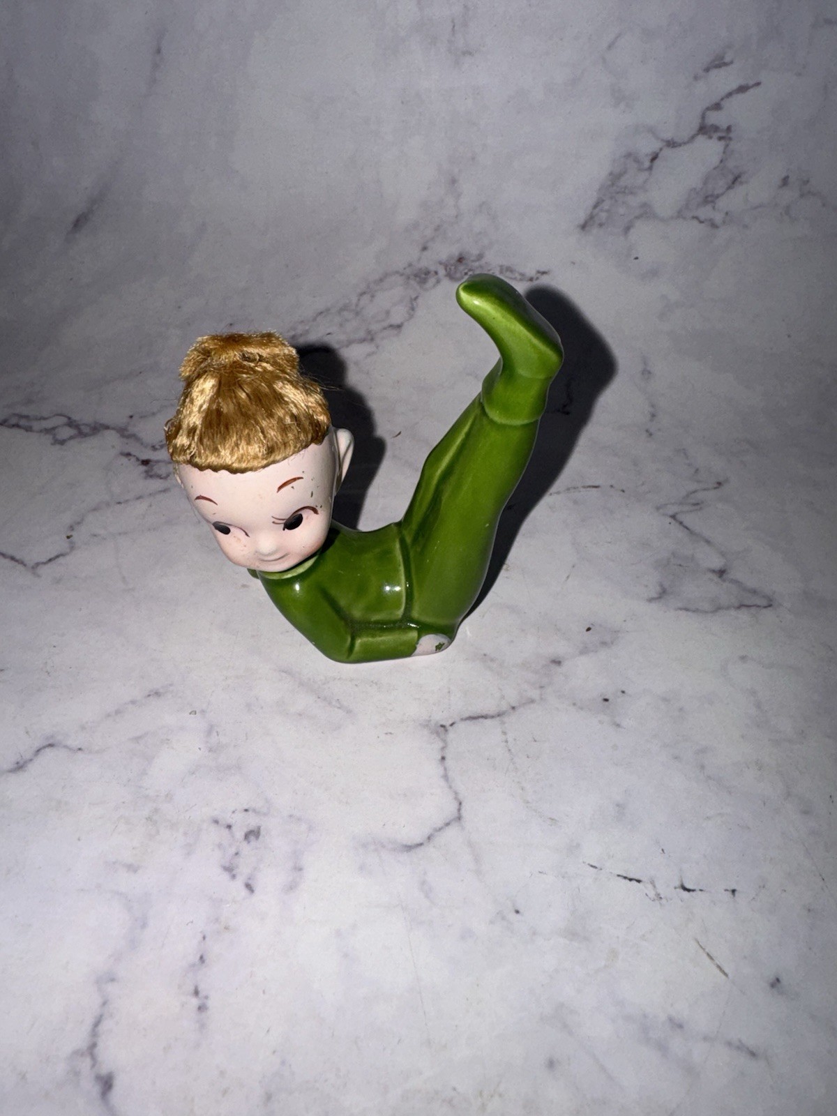 Vintage Green Ceramic Girl Pixie Elf Figurine with Blonde Hair