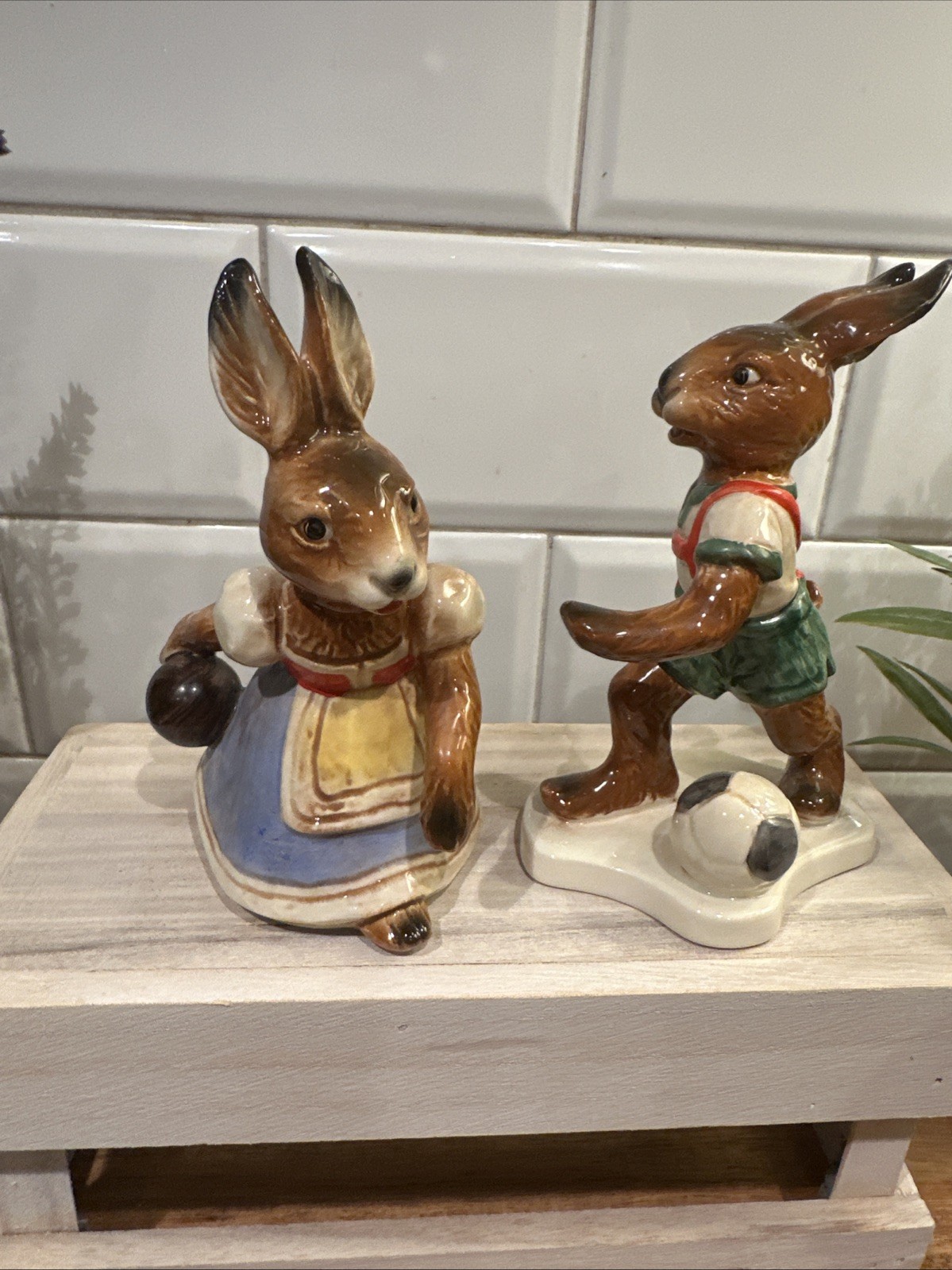 Easter Goebel Bavarian Bunnies Bowling Soccer 5″ Boy and Girl Figurines Set 2