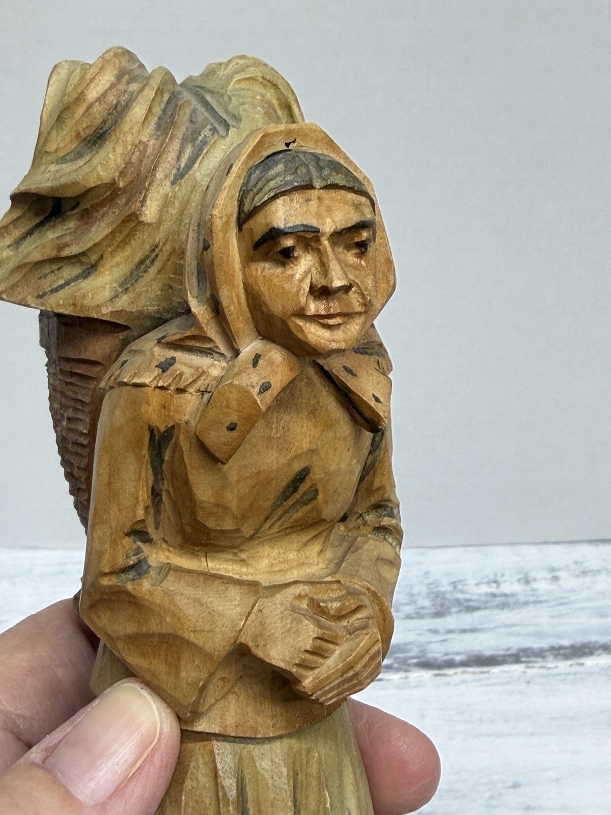 VTG German Black Forest Hand Carved Linden Wood Sculpture Woman Basket Folk Art