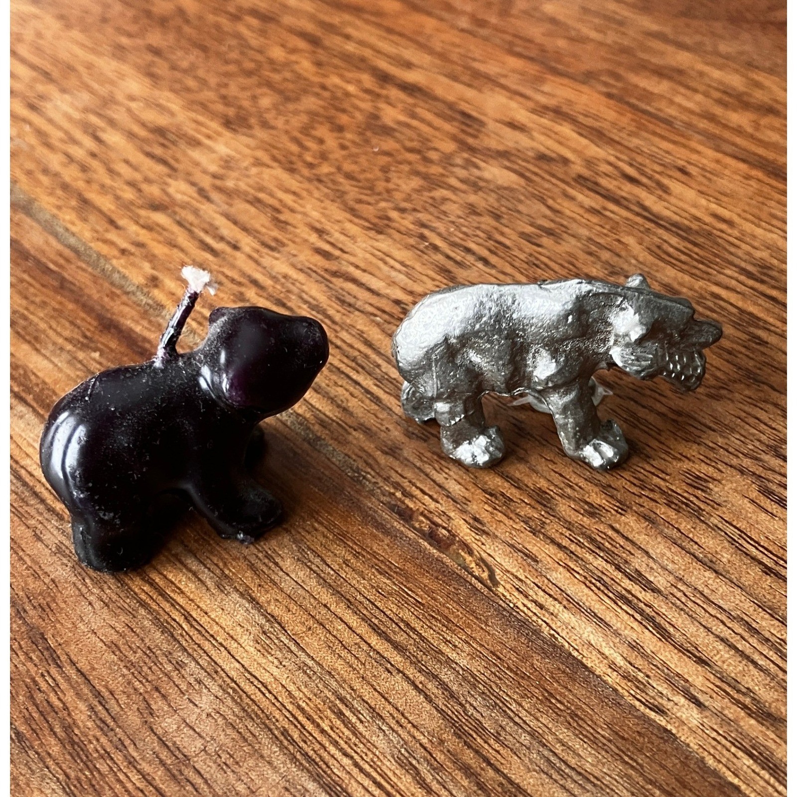Vintage Miniature Bear Figurine Silver Set Metal with Fish & Black Wax Candle