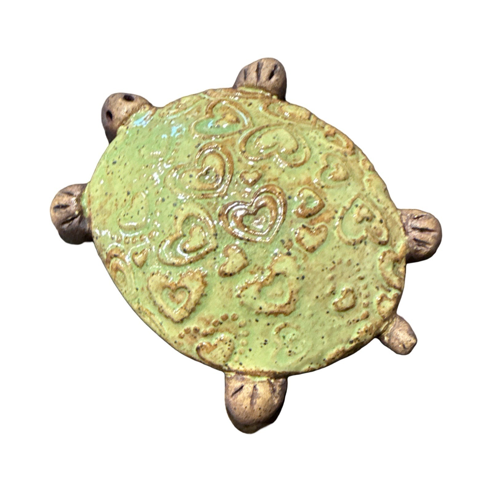 Handcrafted Ceramic Small Turtle Green W/ A Heart Design 3.5” Figurine folk art