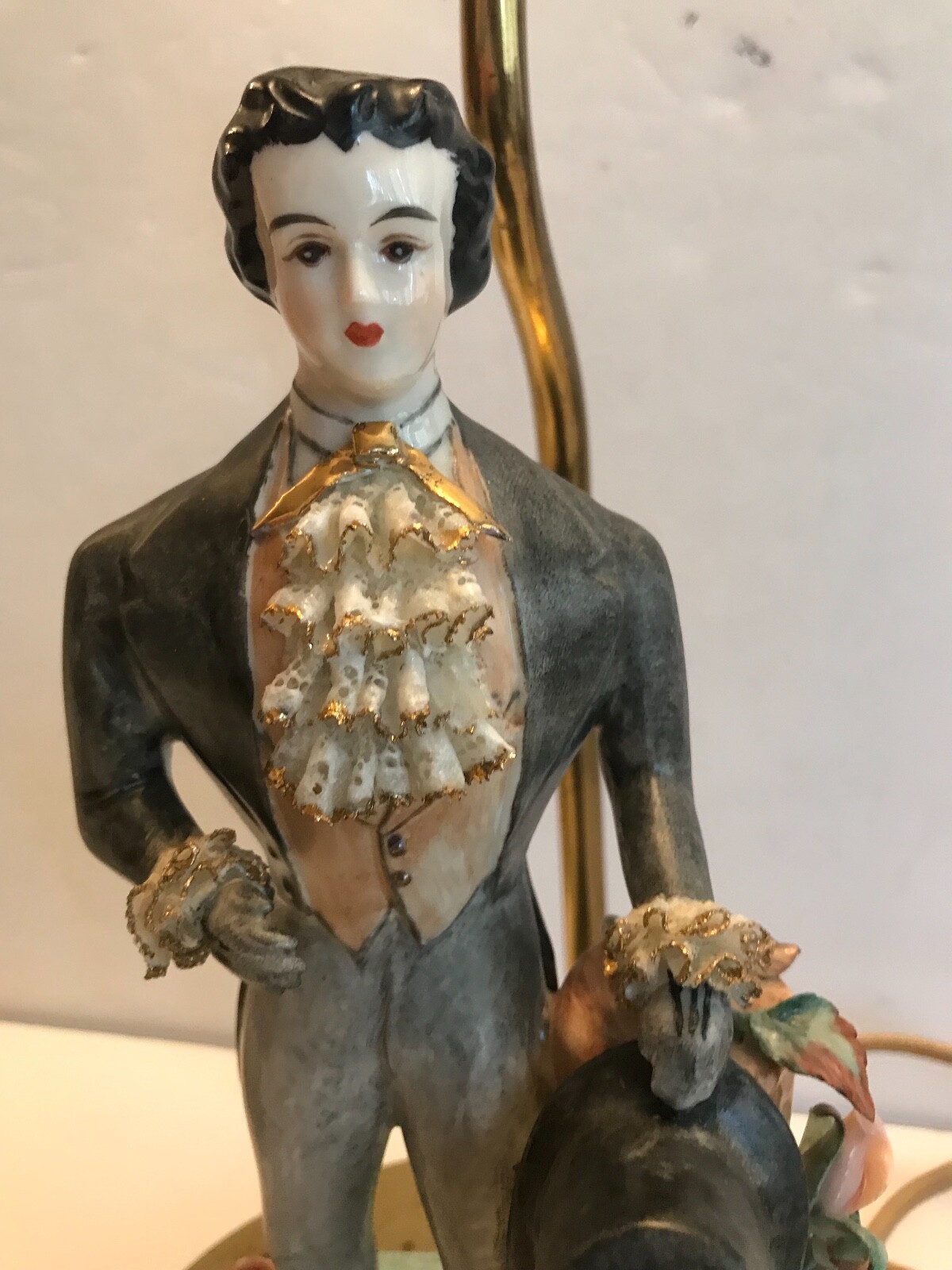 ANTIQUE/VINTAGE PAIR OF BOUDOIR LAMPS – LADY/DRESDEN LACE DRESS, MAN IN TAILS