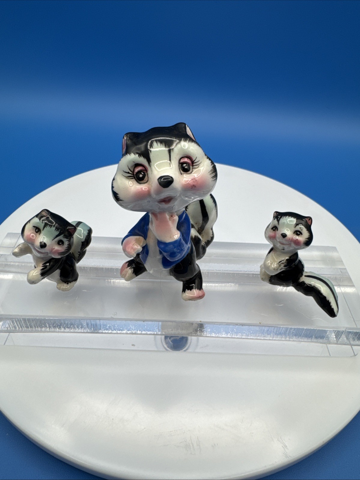 Vintage 1950’s NAPCO Skunk Family Figurines 3pcs w/Blue Vest Whimsical Design
