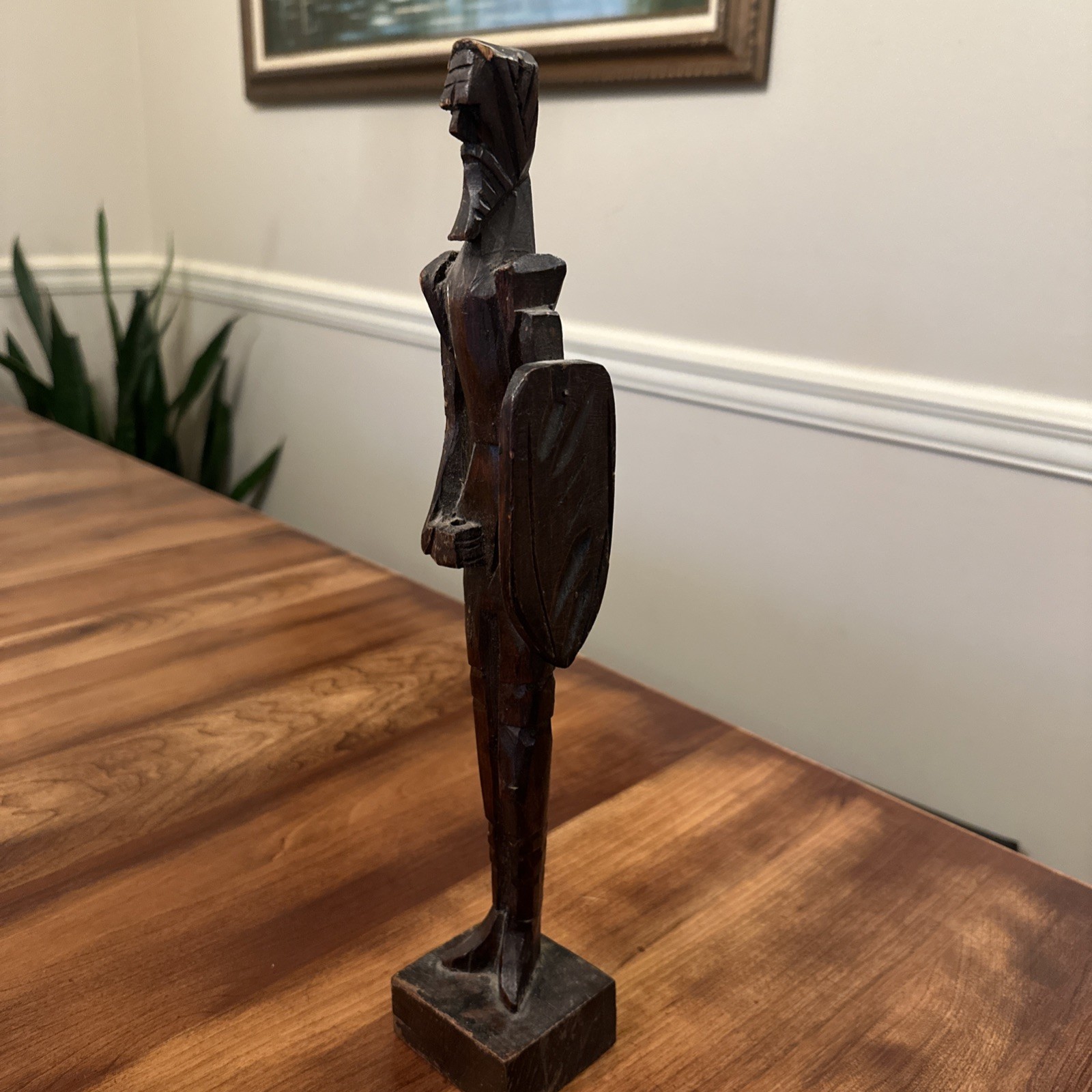 Wood Carving Ancient Warrior Standing Soldier Figure Sculpture 13.75″ Tall VTG