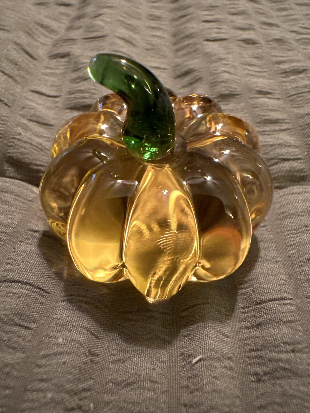 Orange Crafted Glass Pumpkin Figurine With Green Stem In Size 6”x2”x2”