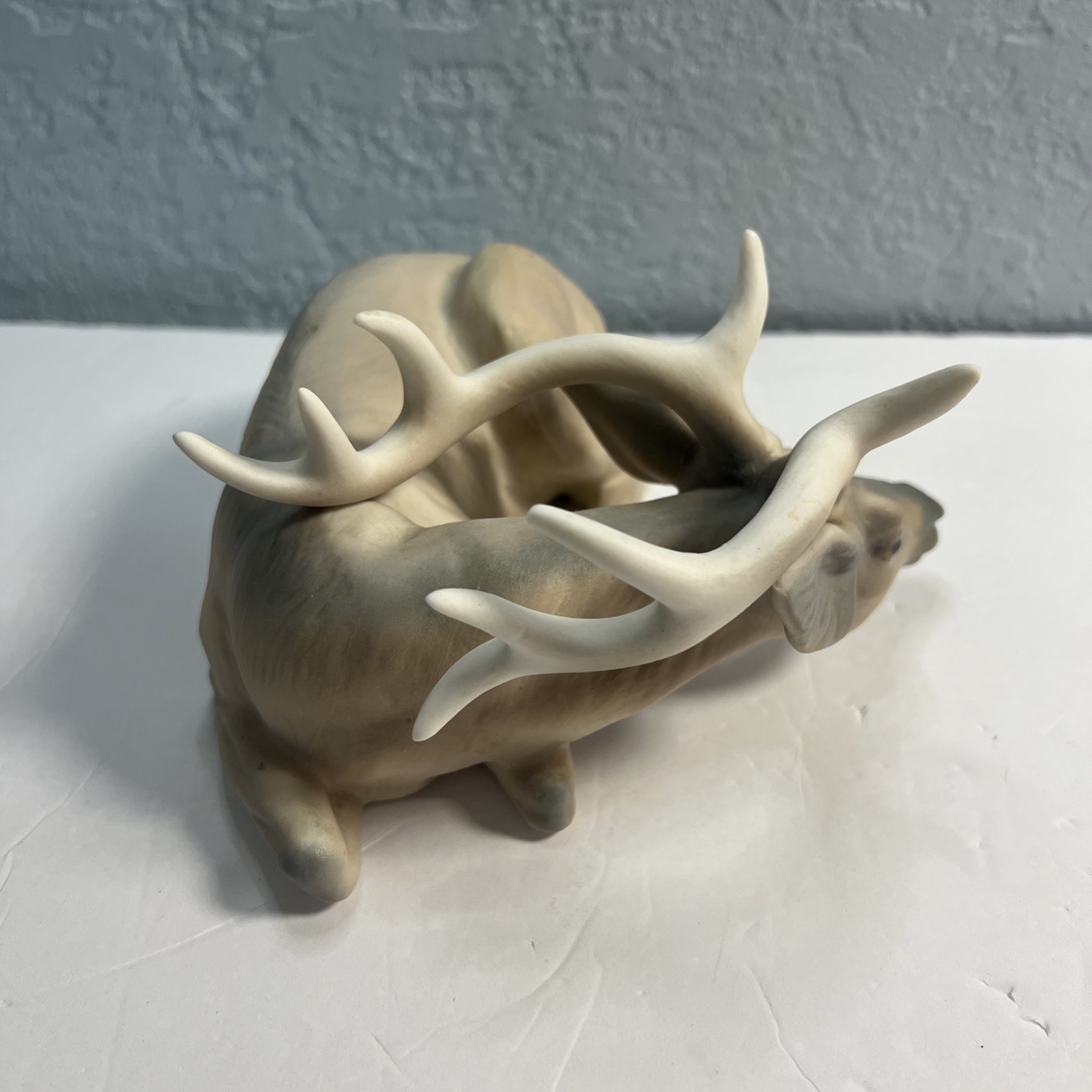 Vintage Antlered Deer Porcelain White Washed Figurine 9″x6″