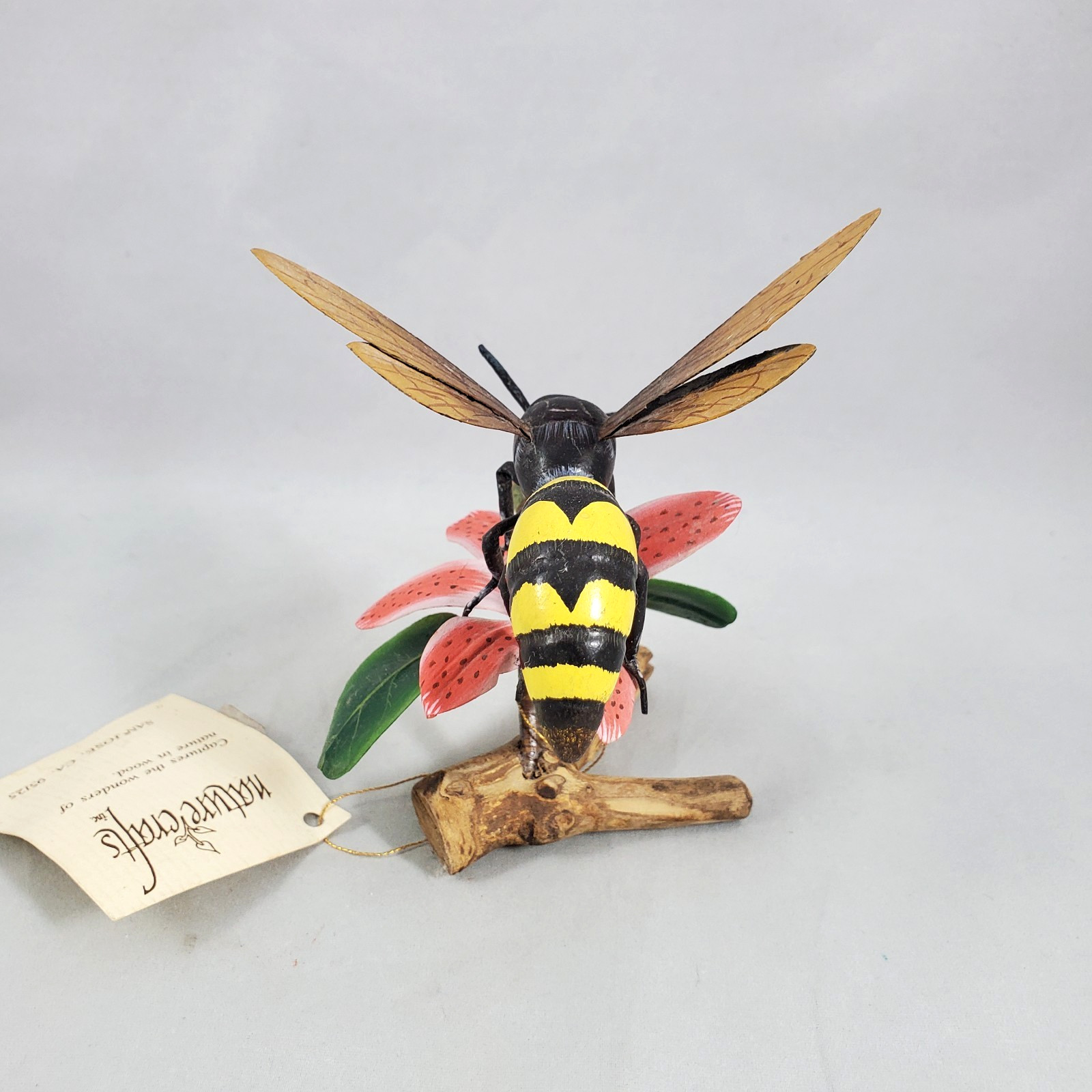 Vintage Nature Crafts Wood Paper Wasp on Flower & Branch Hand Carved & Painted