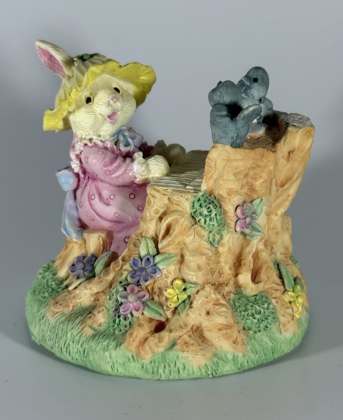 Hand Painted Rabbit Figurine on Tree Stump Base Multicolor Resin Animals