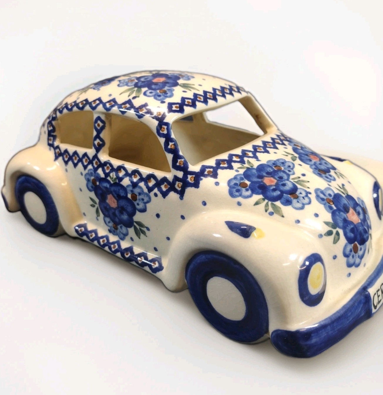Rare Unikat Cer-Raf Bunzlauer Polish Pottery VW Beetle Bug Car Blue Floral 9″
