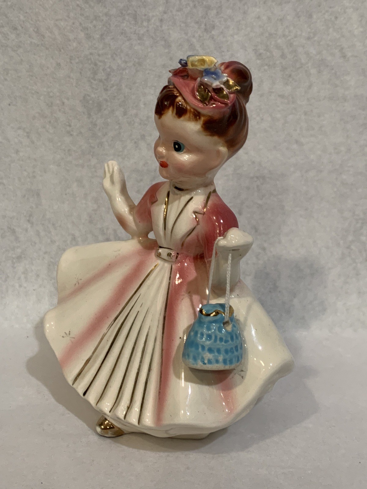 VTG Kreiss Japan Pretty Girl/ Lady Figurine, White & Pink Dress, Blue Purse