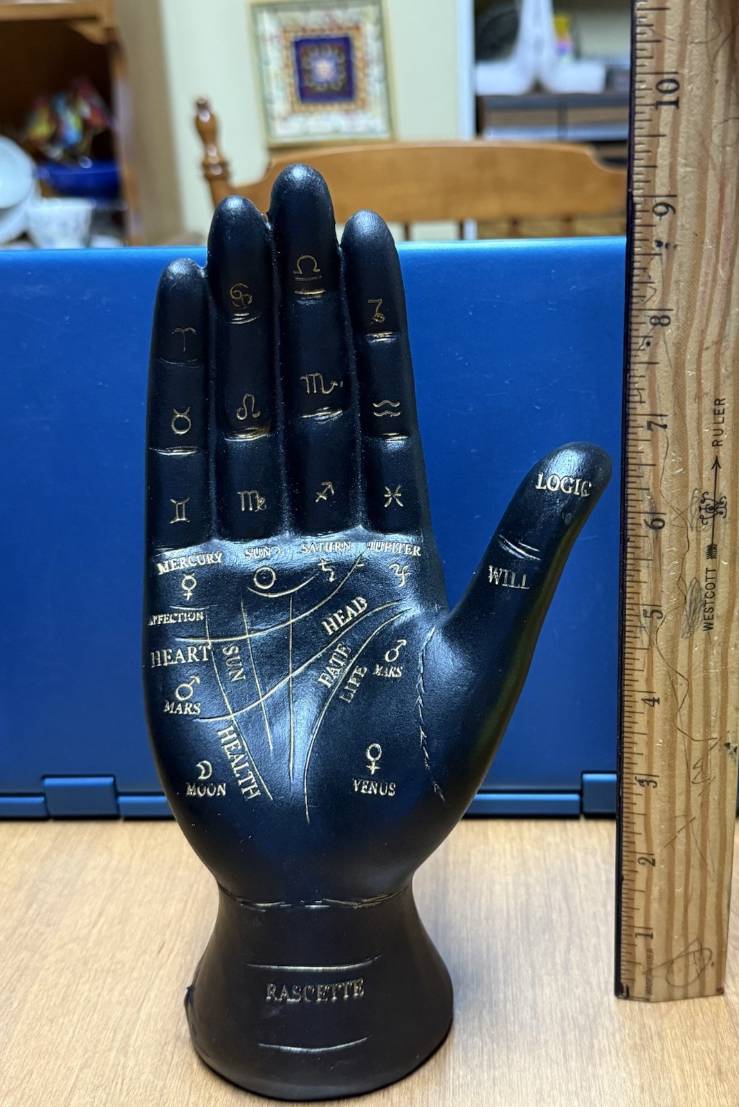 Hand Figure Tabletop Figurine Palmistry Black Gold 9” Spiritual Decor Engraved