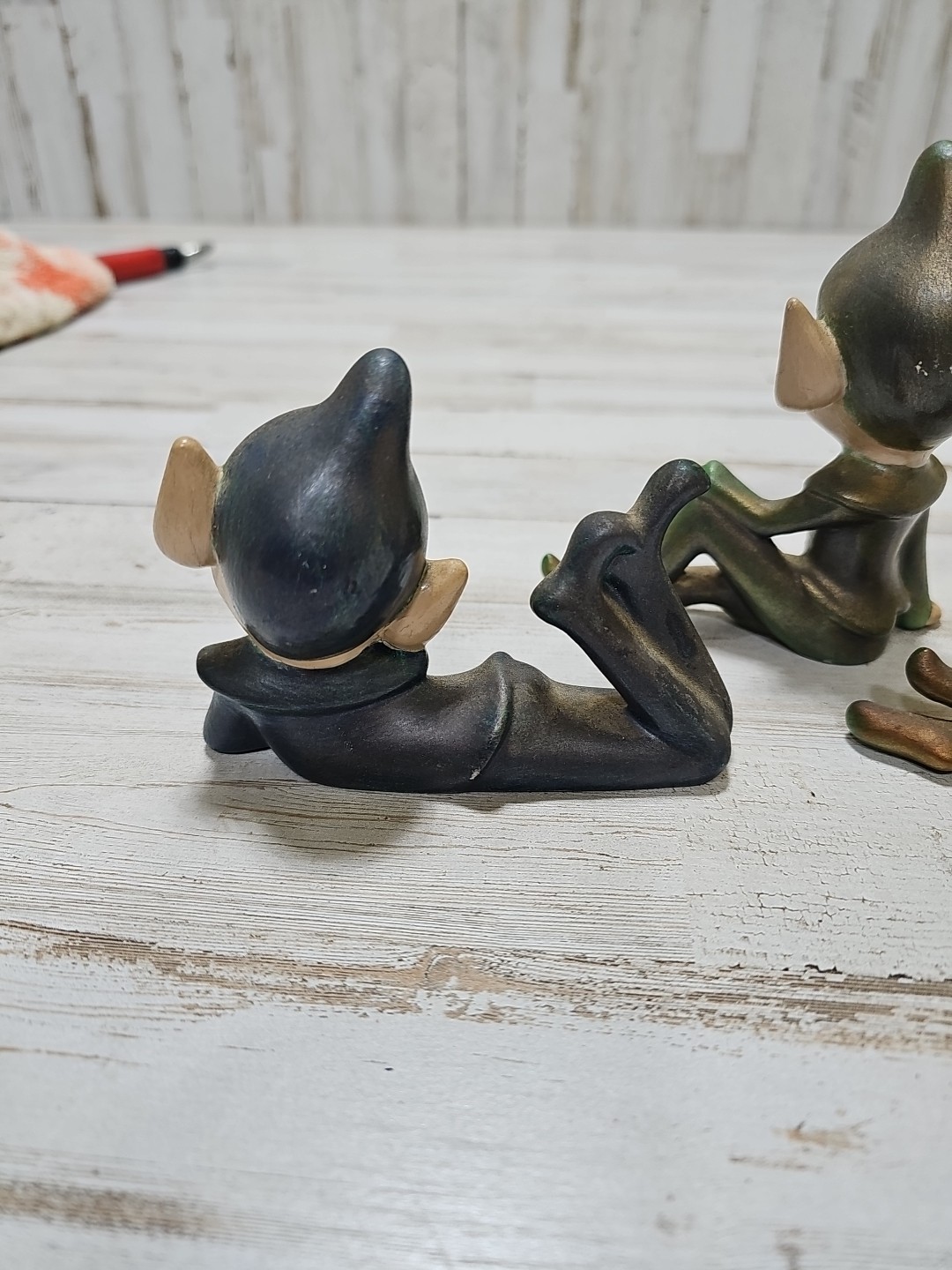 Vintage Ceramic Pixie Elf Figurine Knee Up Pointed Ears MCM Decor Lot Of 3