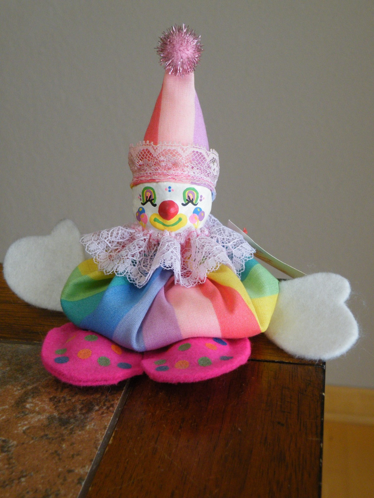 VINTAGE Handmade CLOWN 5″ BARELA ART Rainbow THEME Fabric COMPOSITE Head