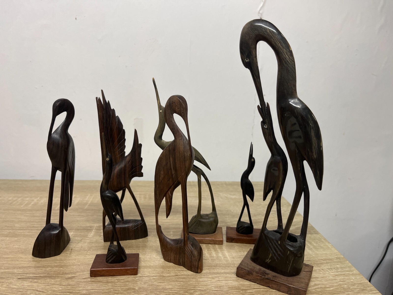 Large Makonde Style Hand Carved Crane Bird Figurines Vintage African Blackwood