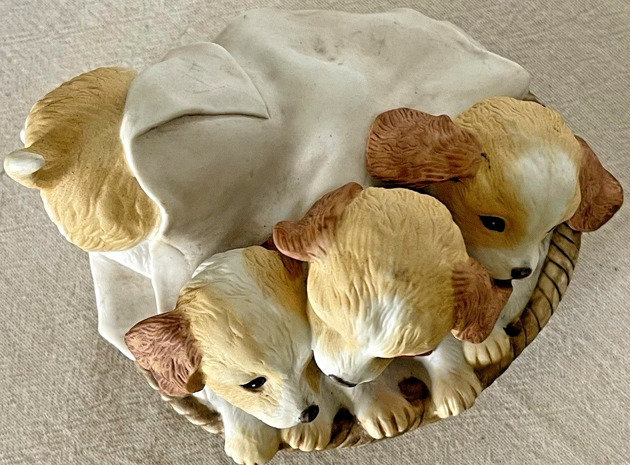 Vintage Homco 1990 Puppies In Basket Figurine Masterpiece Porcelain Dog Decor