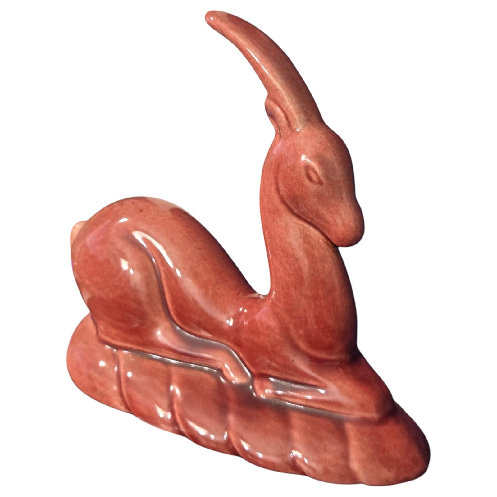 Vintage Gazelle Figurine Ceramic Pottery MCM Deer Art Deco Deep Rose