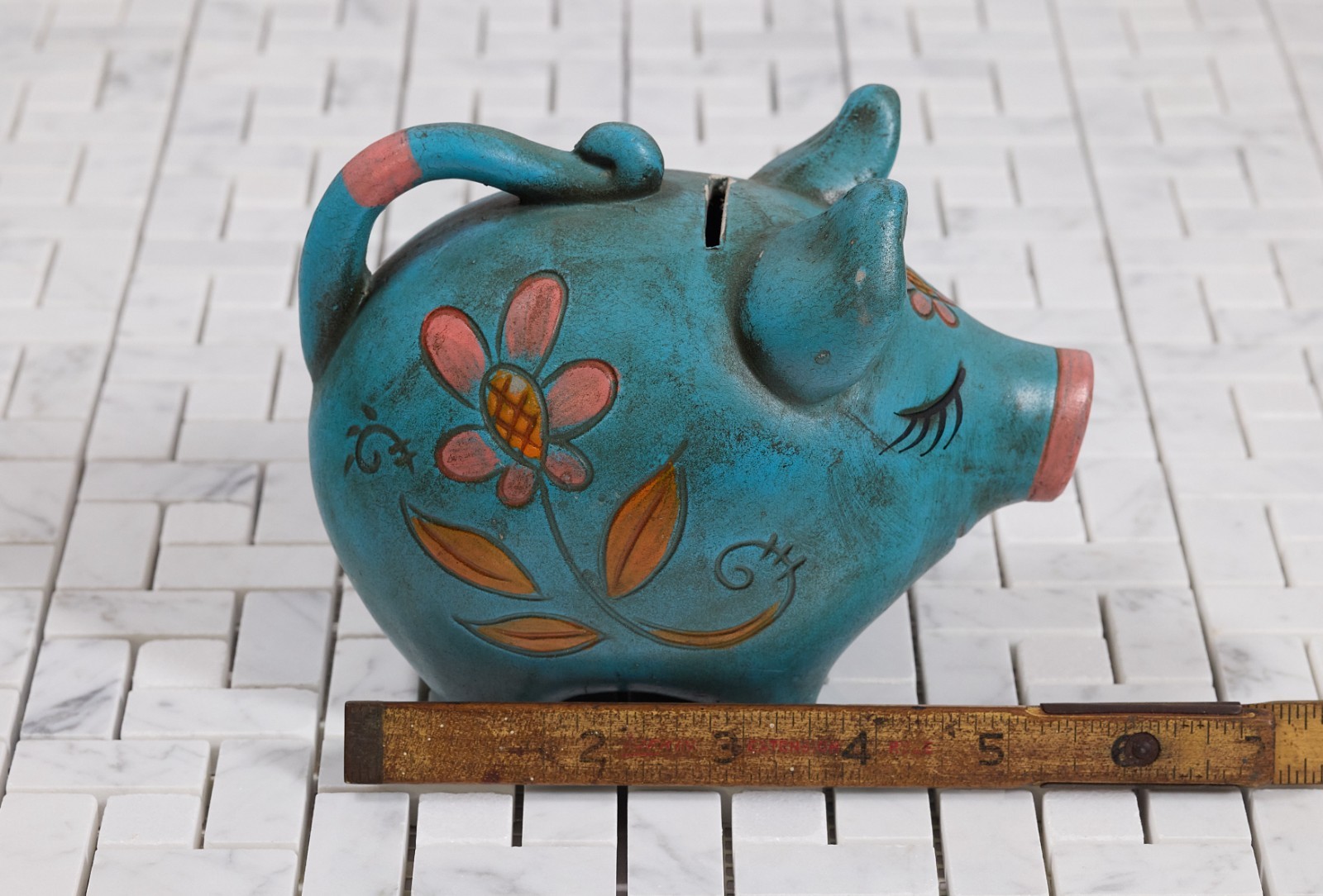 Antique Ceramic Hippie Piggie Bank. CHARMING!!