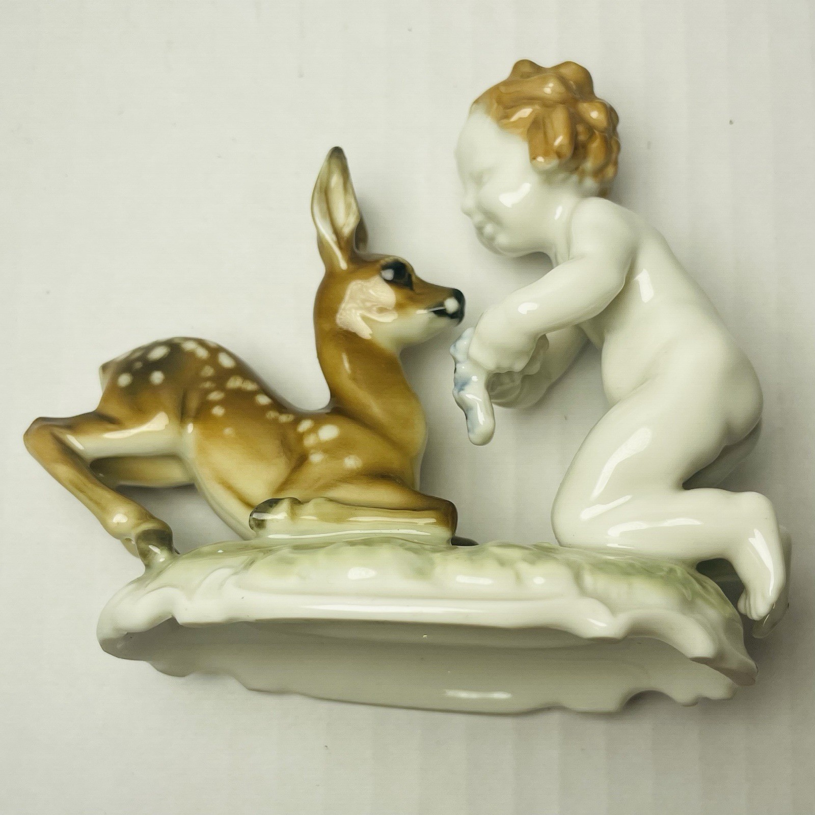 Hutschenreuther Kunstabteilung Cherub w/ Fawn Germany Porcelain Figurine Painted