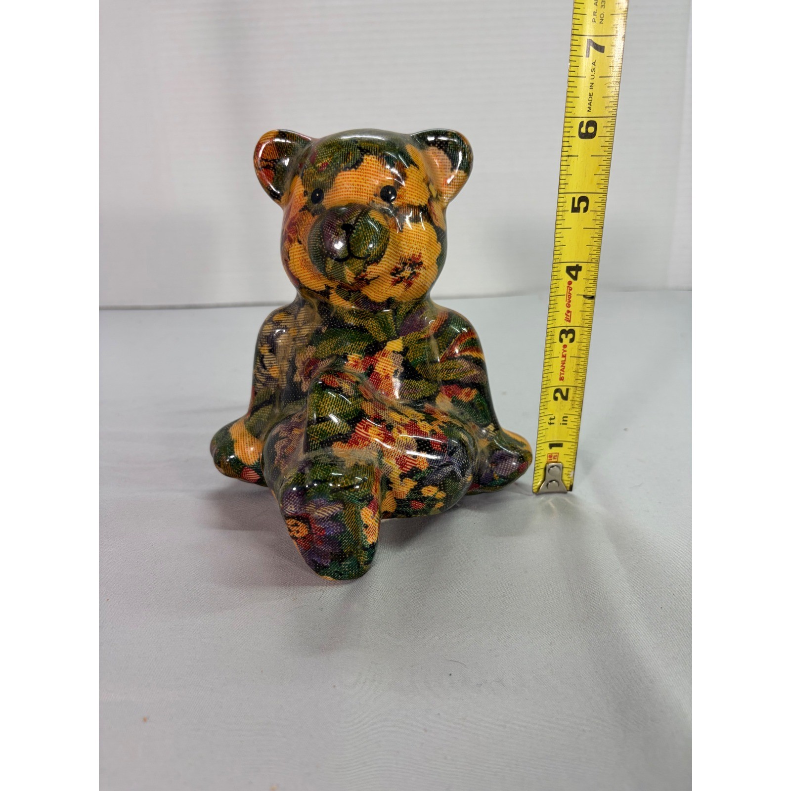 Vintage Joan Baker Floral Patchwork Teddy Bear Tapestry Figurine Cottage Core