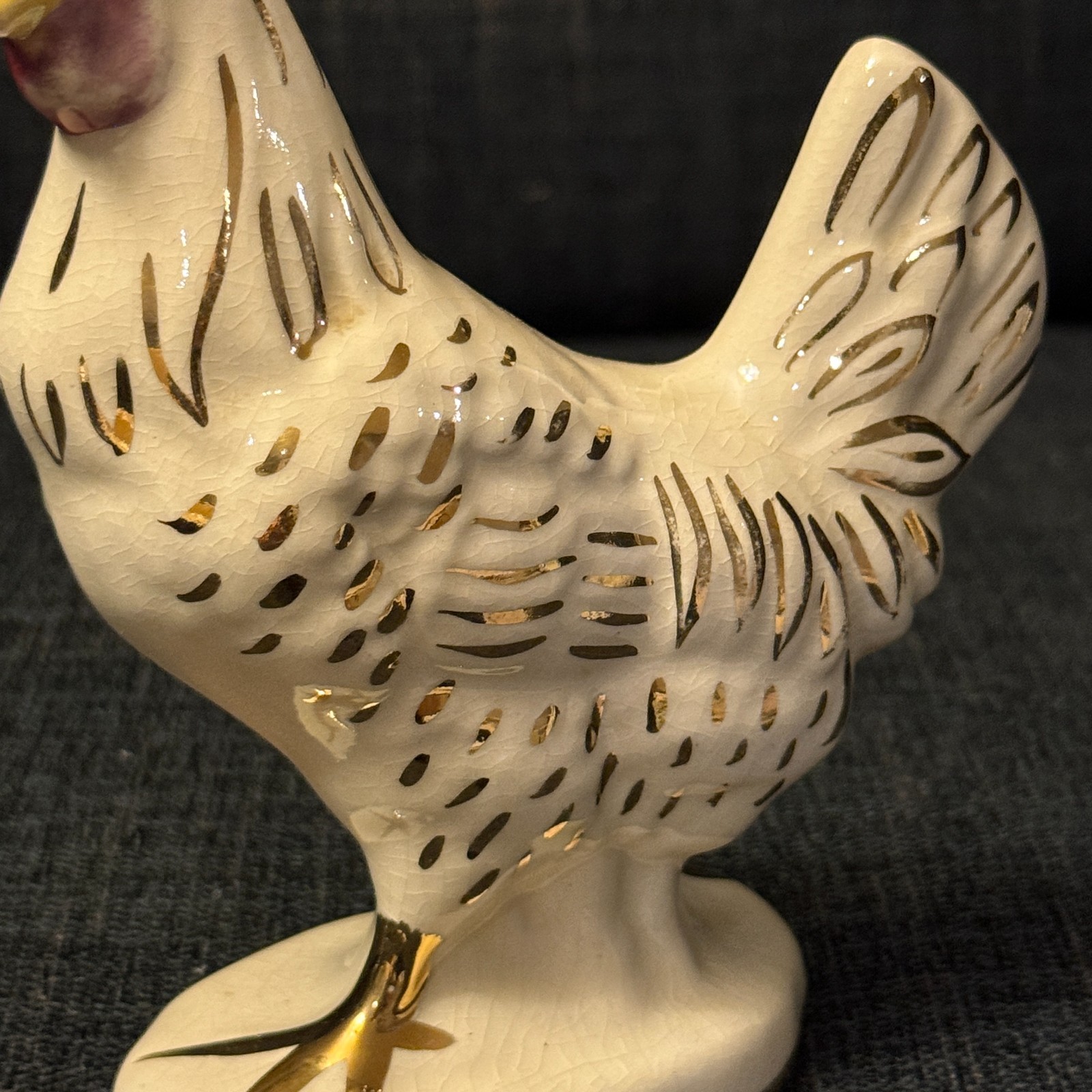 VTG Porcelain Rooster Chicken Hen Figurine Elegant White & Gold Accent Farmhouse