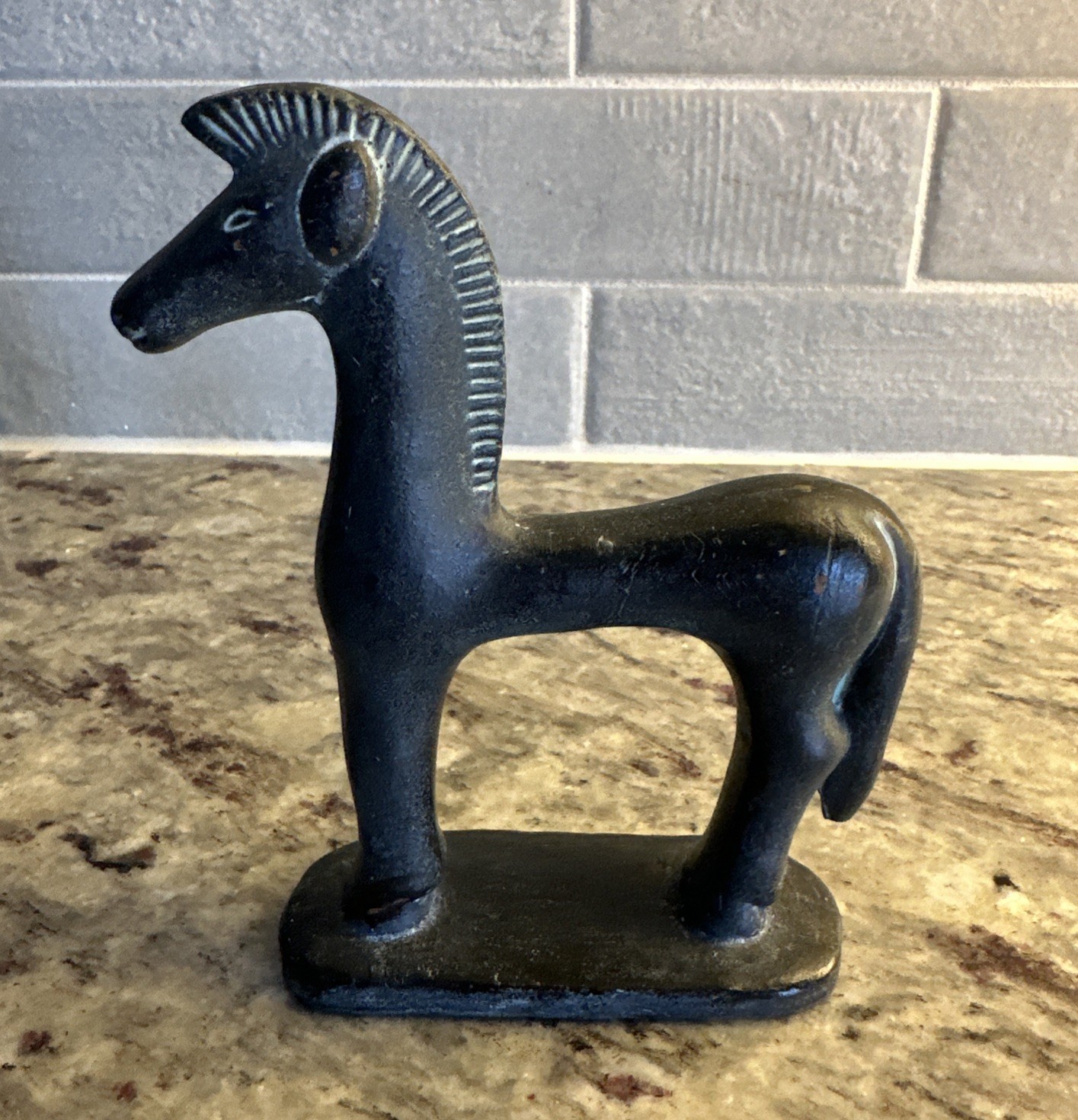 Vintage Greek Horse Glazed Terracotta Black Green Figurine Figure 5.5 Inches