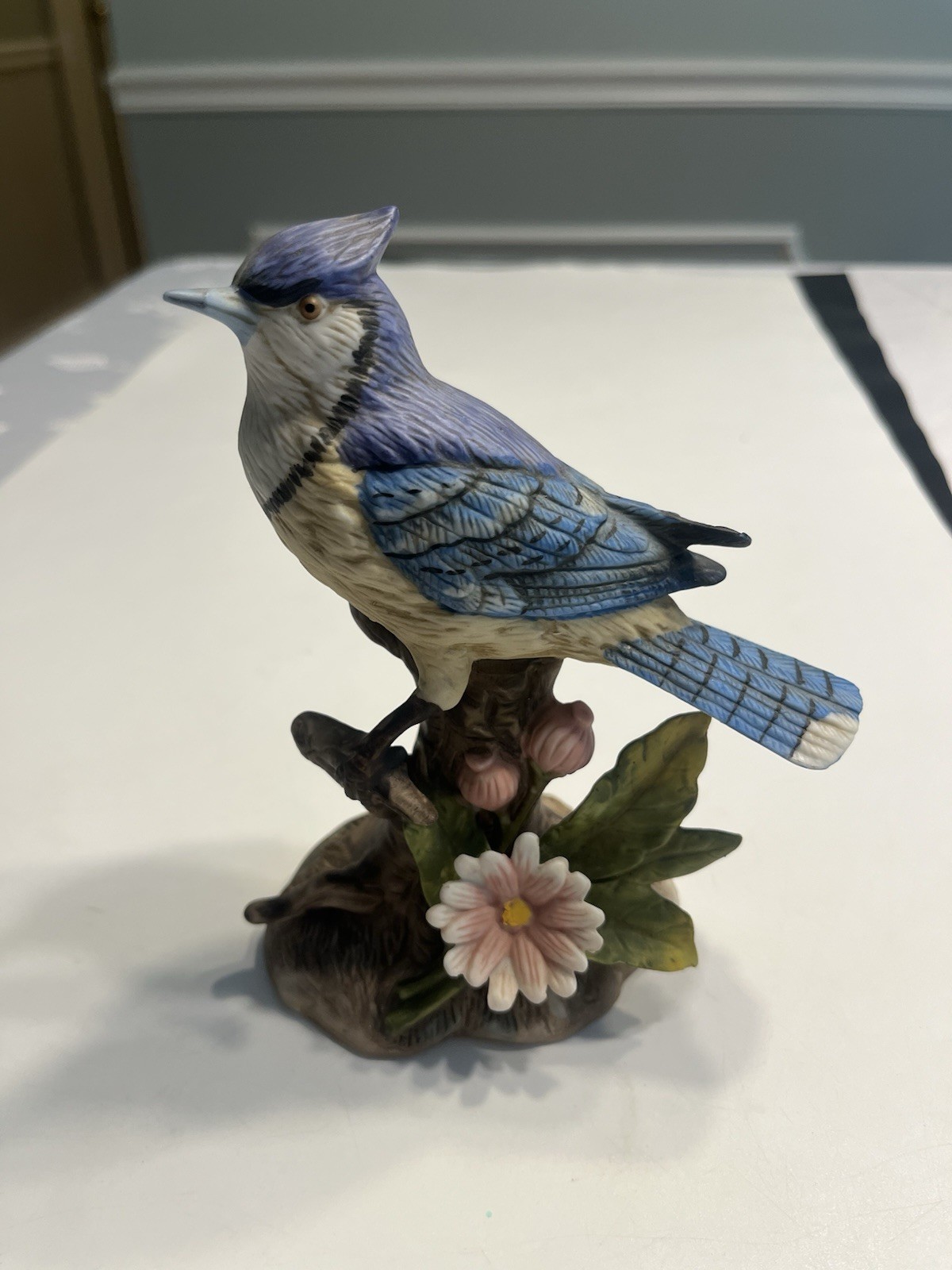 Vtg Homco Blue Jay Bird Pink Flowers Figurine Ceramic Thailand