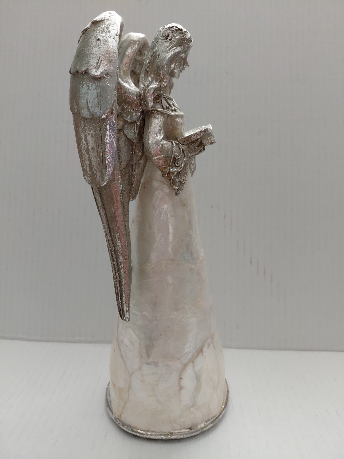 Angel Reading Silver Sparkle Abalone Shell Skirt Metal Wings Vintage Decor 11″