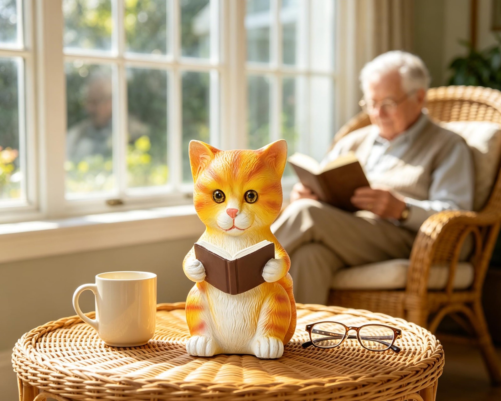 5 Inch Orange Literary Reading Cat Statue Figurine Bookshelf Decor Gifts
