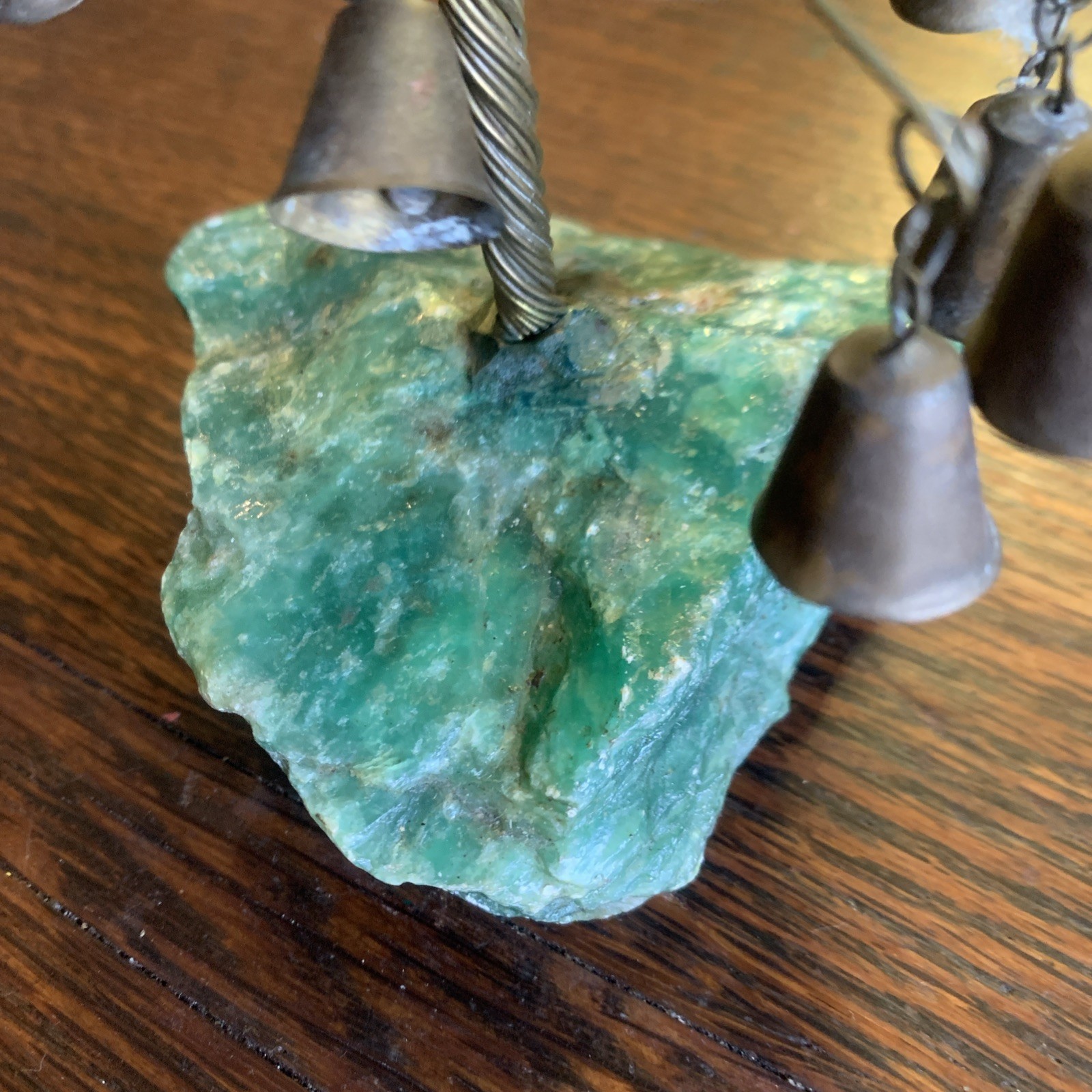 Vtg Copper Twisted Wire Bonsai Prosperity Tree Sculture Amazonite Stone W/Bells